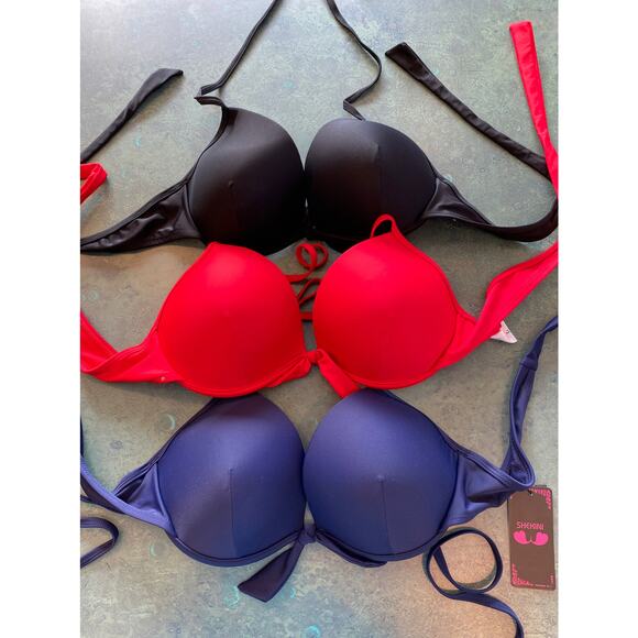 NWT Shekini swim tops 3 bikini bra halter size L navy red black string ties - Picture 1 of 7